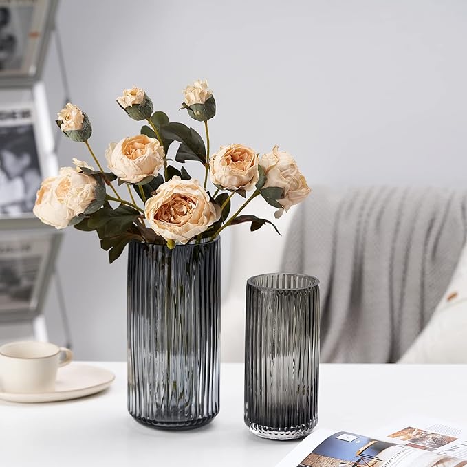TIMEFOTO Flower Vase 10 inch Grey Thickened Hand Blow Glass Vase Round Vintage Striped Bottles for Bookshelf,Dinner Table,Indoor Office Desktop,Meeting Room,Bathroom,Countertop,Home