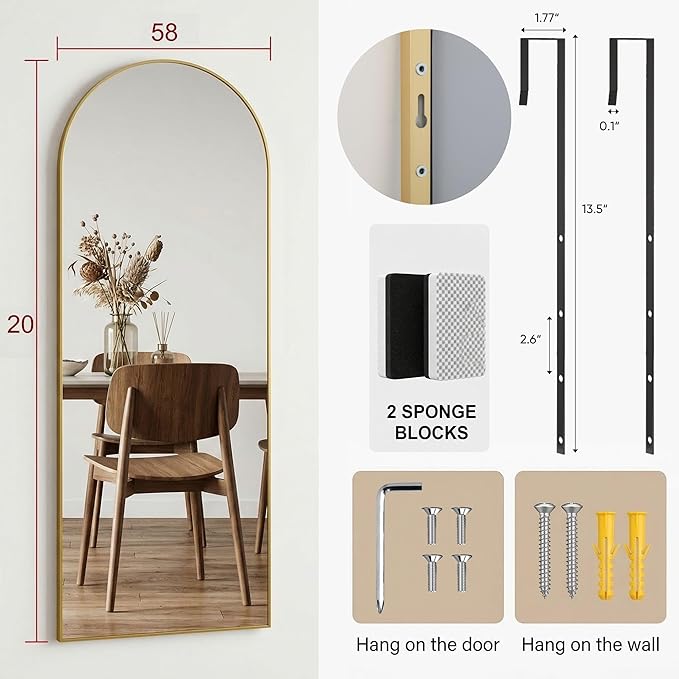 58"x20" Arched Full Length Door Mirror, Over-the-Door Hanging, Floor Standing, Wall Mounted or Leaning, Metal Frame Body Mirror for Bedroom, Living Room, Closet, Dorm, Gold