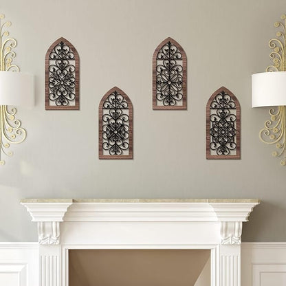 4 Pieces Thicken Rustic Wood Wall Decor Arch Modern Farmhouse Wall Art Decor Wooden Hollow Carved Design Rustic Home Art for Living Room Bedroom Office Kitchen (Classic Style)