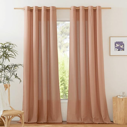 NICETOWN Flax Linen Terracotta Curtains for Bedroom, Grommet Thick Flax Semi Sheer Elegant & Casual Drapes Privacy Assured with Light Filtering for Girls Princess Room, W55 x L84, 2 Pieces