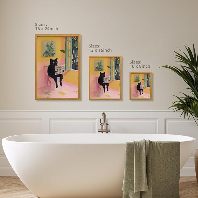 Cyebmo Funny Bathroom Wall Art, Cute Black Cat Sitting on Toilet Reading Newspaper Wall Decor, Whimsical Pink Abstract Animal Canvas Artwork for Bathroom Kid's Restroom Bedroom Wood Framed 8x10 Inch