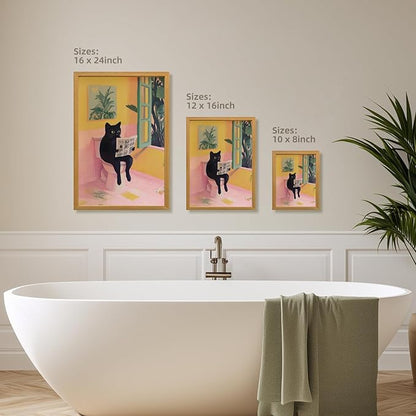 Cyebmo Funny Bathroom Wall Art, Cute Black Cat Sitting on Toilet Reading Newspaper Wall Decor, Whimsical Pink Abstract Animal Canvas Artwork for Bathroom Kid's Restroom Bedroom Wood Framed 8x10 Inch