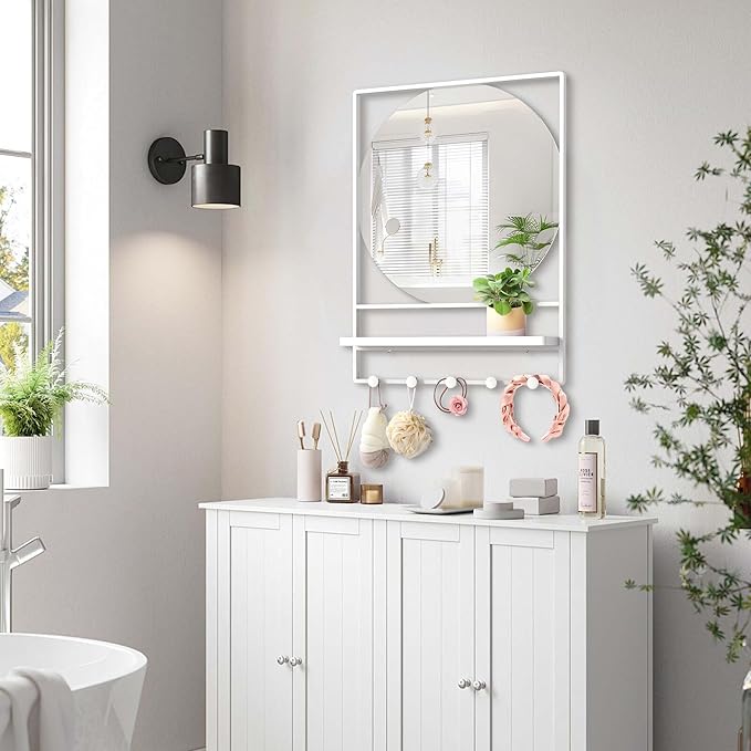 21" X 28" Wall Mirror with Shelf and Hooks,Entryway Mirror with Hooks, Metal Framed Bathroom Mirror with Shelf for Bathroom, Bedroom, Living Room (White, 21 x 28)