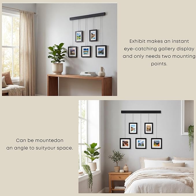 Solid Wood Collage Picture Frame Set of 5, Black Gallery Wall Hanging Frames with Adjustable Metal Chains, Displays Two 5x7 and Three 7x7 Photos,Ideal for Living Room, Hallway and Home Decor