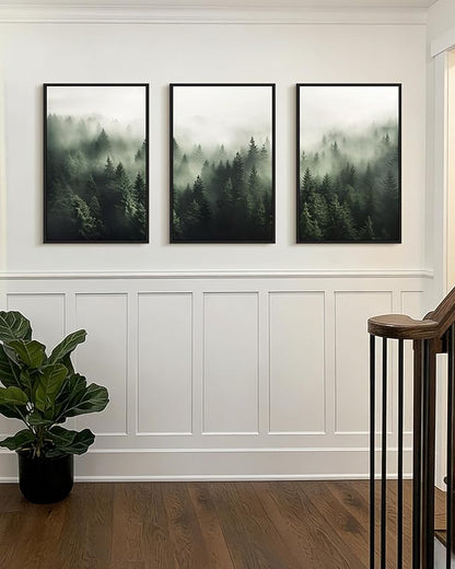 PHOPAGO Green Fog Pine Tree Framed Wall Art Large 16x24in Nature Misty Nordic Forests Artwork Morden Paints for Living Room Home Office Decor - Black Framed
