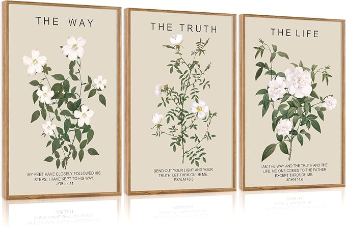 Aurlan The Way The Truth The Life Bible Verse Framed Wall Art(24"x36"), 3PCS Boho Christian Scripture Canvas Artwork, Large Floral Botanical Job 23:11 Psalm 43:3 John 14:6 Decor for Home Bedroom