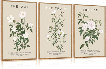 Aurlan The Way The Truth The Life Bible Verse Framed Wall Art(24"x36"), 3PCS Boho Christian Scripture Canvas Artwork, Large Floral Botanical Job 23:11 Psalm 43:3 John 14:6 Decor for Home Bedroom