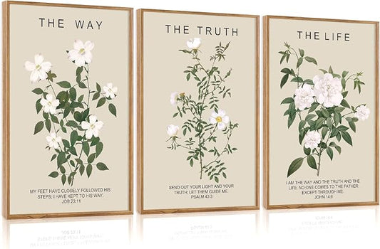 Aurlan The Way The Truth The Life Bible Verse Framed Wall Art(24"x36"), 3PCS Boho Christian Scripture Canvas Artwork, Large Floral Botanical Job 23:11 Psalm 43:3 John 14:6 Decor for Home Bedroom
