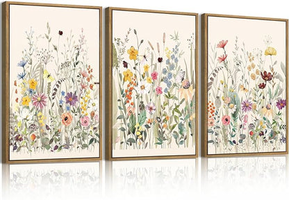 BINCUE Wildflower Wall Art Large Floral Wall Painting Neutral Print Pictures Framed Flower Wall Decor Wildflower Artwork Flowers Pictures Floral Art Prints for Living Room Bedroom Bathroom Farmhouse 24x36 Inches Set of 3 Gift