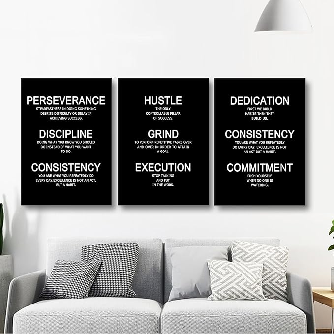 Hustle Discipline Motivational Poster 3 Piece Success Quote Office Decor Inspirational Wall Art Canvas Prints Artwork for Modern Home Living Room Painting Pictures Stretched and Framed [60''W x 28''H]