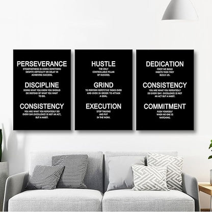 Hustle Discipline Motivational Poster 3 Piece Success Quote Office Decor Inspirational Wall Art Canvas Prints Artwork for Modern Home Living Room Painting Pictures Stretched and Framed [60''W x 28''H]