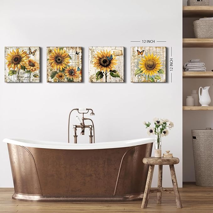 Sunflower Wall Art Farmhouse Sunflower Pictures Kitchen Wall Decor Butterfly Flowers Canvas Posters Prints for Living Room Rustic Botanical Paintings Vintage Artwork Home Decorations 12x12” 4Pcs