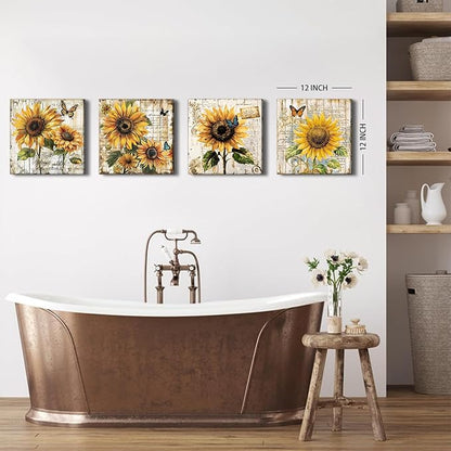 Sunflower Wall Art Farmhouse Sunflower Pictures Kitchen Wall Decor Butterfly Flowers Canvas Posters Prints for Living Room Rustic Botanical Paintings Vintage Artwork Home Decorations 12x12” 4Pcs
