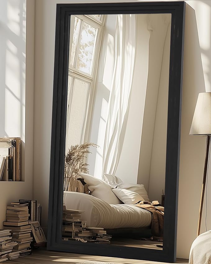 Full Length Mirror, 76"x34" Wooden Mirror Full Length with Stand Wood Floor Mirror, Oversized Stand Up Mirrors Large Wall Mirrors, Wall Mounted Mirrors, Rect Wood Style, Black