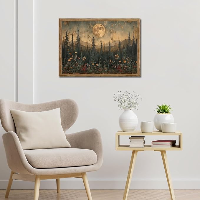 Vintage Nature Forest Wall Art Dark Moon Landscape Painting Wall Decor Woodland Picture Artwork 3D Textured Hand Drawn Sandstone for Farmhouse Bedroom Living Room 16x24 inch Wood Framed