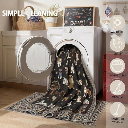 Floral Dog Machine Washable Rug Black, 3x5 Rug Non Slip Soft Bedroom Rugs for Entryway Dorm, Ultra-Thin Rugs for Bedroom Stain Resistan(3 x 5, Black)