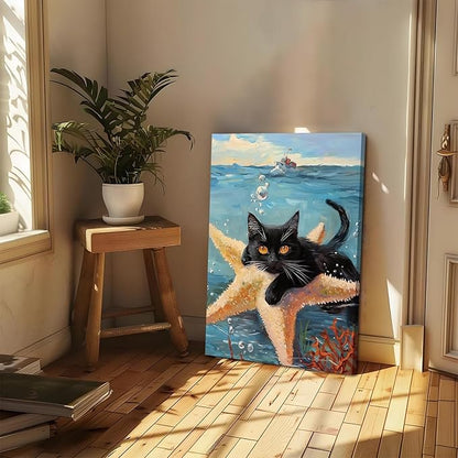 Yaneiro Funny cat canvas wall art, bathroom wall decor Starfish Cat A 16x24 inch Wrapped Canvas
