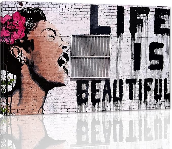 Large Banksy Street Graffiti Women Wall Art Life is Beautiful Graffiti Pop Art Posters Canvas Paintings Artwork for Home Office Decoration Stretched and Framed Ready to Hang - 44"W x 28"H