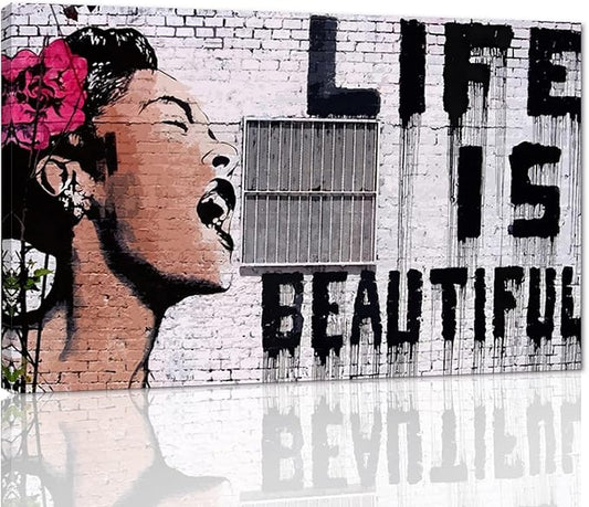 Large Banksy Street Graffiti Women Wall Art Life is Beautiful Graffiti Pop Art Posters Canvas Paintings Artwork for Home Office Decoration Stretched and Framed Ready to Hang - 44"W x 28"H