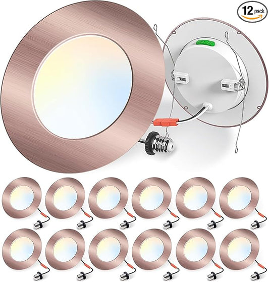 ALUSSO 12 Pack 5/6 Inch LED Recessed Lights – 5CCT Selectable 2700K-6000K, 1100LM Dimmable, Retrofit Trim Can Lights, Damp Rated, Bronze