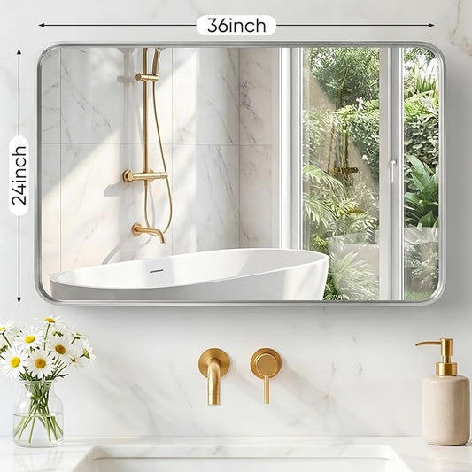 NEWBULIG 24X36 Inch Bathroom Mirror for Over Sink, Wall Vanity Mirrors Tempered Glass, Anti-Rust Metal Framed Rounded Rectangle, Hangs Horizontally or Vertically, Farmhouse Home Decor, Silvery