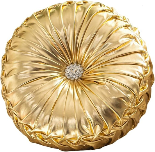 Gold Round Throw Pillows, Soft Spandex Fabric Pumpkin Pleated Handmade Metallic Decorative Throw Pillows Floor Pillows Cushion for Sofa Couch Bed Living Room Chair Decoration