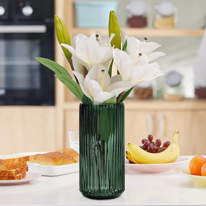 TIMEFOTO Flower Vase 10 inch Green Thickened Hand Blow Glass Vase Round Vintage Striped Bottles for Bookshelf,Dinner Table,Indoor Office Desktop,Meeting Room,Bathroom,Countertop,Home