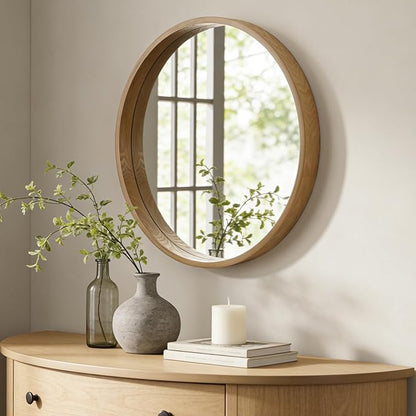 WallBeyond 28 Inch Natural Round Wood Mirror, Large Circle Wooden Frame Wall Mirror for Bathroom, Living Room, Bedroom, Entryway