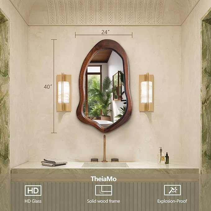 Irregular Wall Mirror 40"x24", Walnut Asymmetrical Mirror, Wood Bathroom Mirrors Wall Mounted, Wall Mirrors Decorative for Living Room, Bedroom, Bathroom, Hallway, Entryway