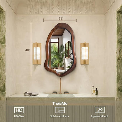 Irregular Wall Mirror 40"x24", Walnut Asymmetrical Mirror, Wood Bathroom Mirrors Wall Mounted, Wall Mirrors Decorative for Living Room, Bedroom, Bathroom, Hallway, Entryway