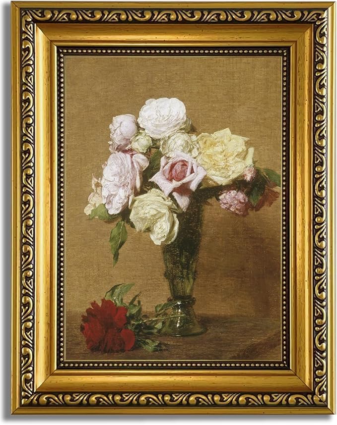 YD&YZY Gold Framed Vintage Wall Art Canvas Henri Fantin Latour Roses Floral Retro Farmhouse Wall Decor Rustic Cottagecor Painting Picture Print for Dining Room Bedroom 8x10 inch Small Framed