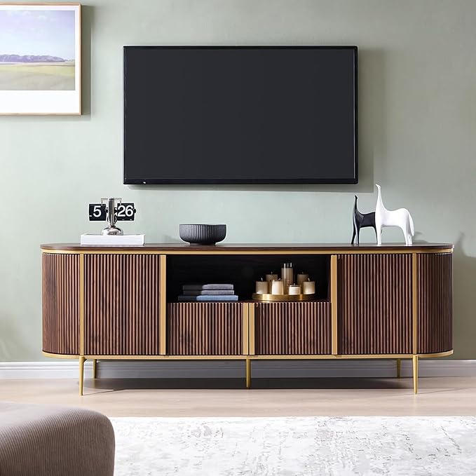 OKD Luxury 70" Fluted TV Stand, Modern Chic Entertainment Center for TVs Up to 80 inches, TV Console with Faux Marble Top, Curved Profile Design, Media Console for Living Room, (Dark Walnut)