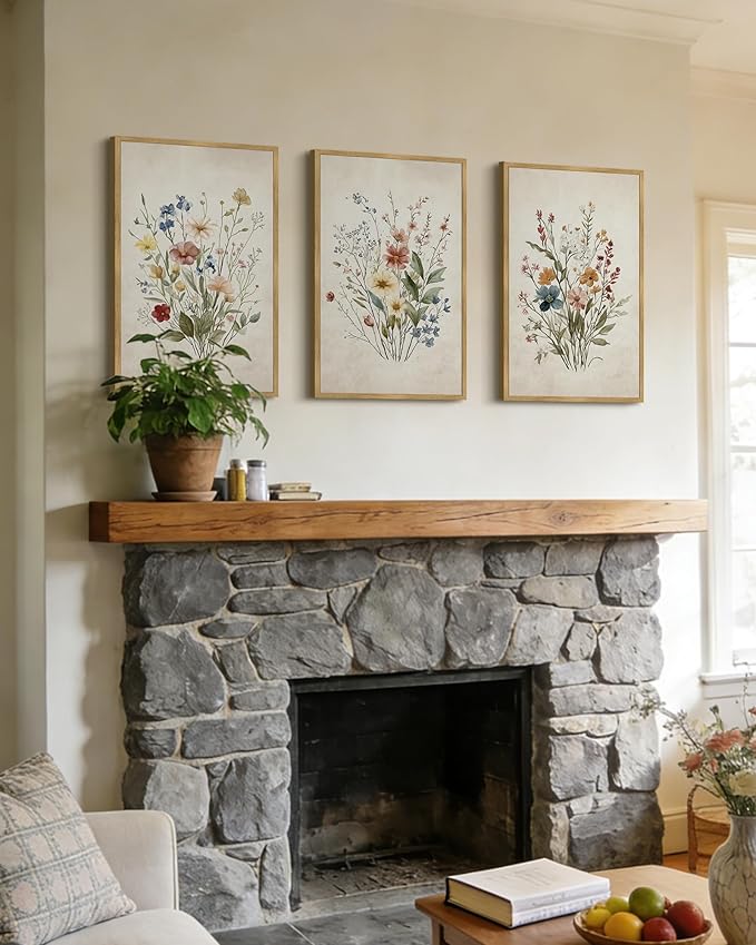 Drsoum Vintage Flower Bouquet Framed Retro Wildflower Botanical Pictures Prints Modern Colorful Floral Rustic Artwork Bedroom Living Room Ready to Hang 16x24in Natural Framed