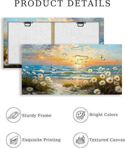 SERIMINO Large Canvas Wall Art Prints, Ocean Sunset Landscape Canvas Prints Paintings, Coastal Daisy Paintings Decor, Seaside Wildflowers Wall Decor for Bedroom Living Room Dining Room 20"X40"