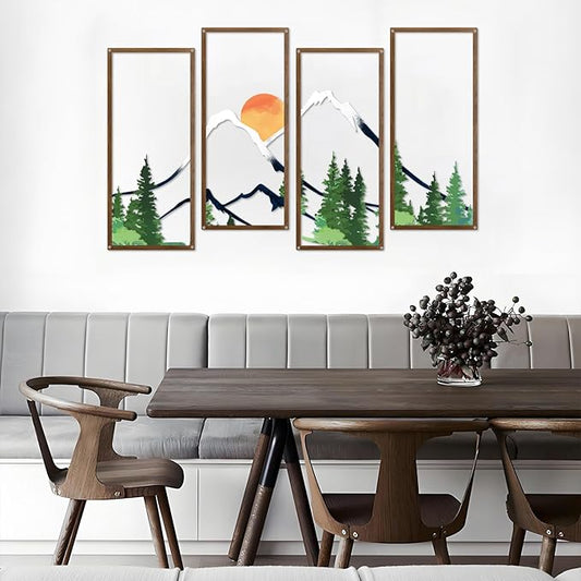 ruelen 4 Pcs Metal Sunset Mountain Forest Wall Decor, Abstract Minimalist Line Drawing Large Colorful Mountains Wall Art Home Decor for Living Room Bathroom Bedroom Office Indoor And Outdoor (Large)
