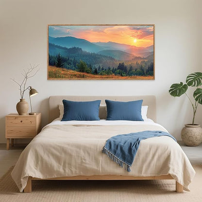 Aurlan Boho Mountain Sunset Landscape Framed Wall Art(40"x20"), Large Green Blue Ridge Grand Teton National Park Canvas Artwork, Abstract Modern Watercolor Nature Forest Scenery Decor for Home Office Bedroom