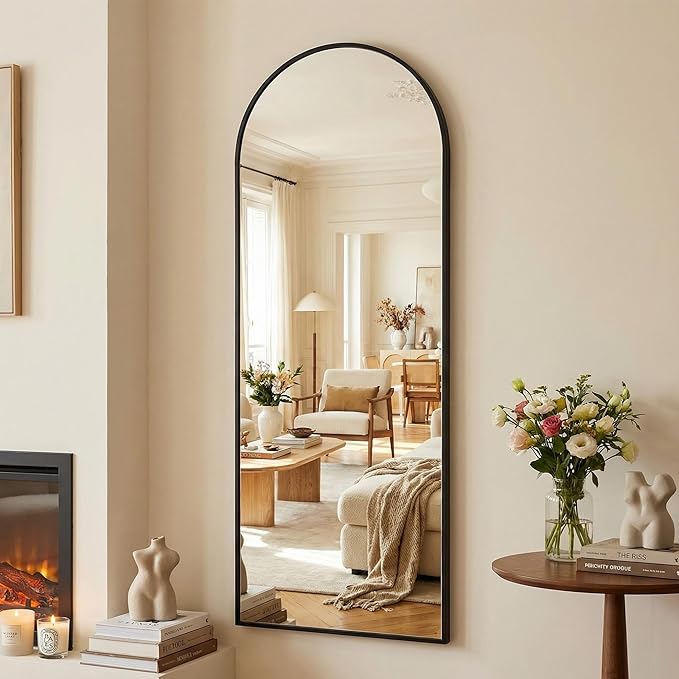 Suidia 65"x22" Arched Full Length Mirror with Stand, Full Body Mirror with Aluminum Frame, Freestanding/Leaning/Wall-Mounted, Floor Mirrors for Bedroom, Living Room, Entryway, Dressing Room, Black