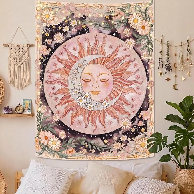 Neasow Sun Moon Daisy Tapestry, Boho Aesthetic Floral Wall Art, Pink Hippie Decor for Living Room Bedroom Home, Vertical 36x48 inches