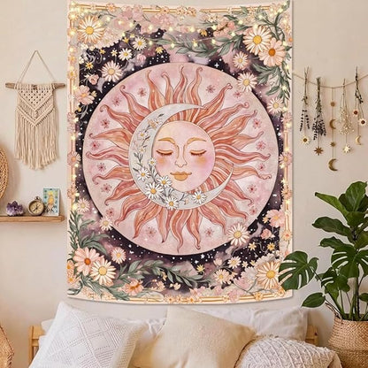 Neasow Sun Moon Daisy Tapestry, Boho Aesthetic Floral Wall Art, Pink Hippie Decor for Living Room Bedroom Home, Vertical 60x80 inches