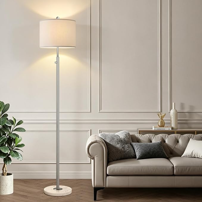 【Upgraded】 Dimmable Floor Lamp for Living Room, 11W LED Bulb Included, Modern Standing Lamp with Marble Base, Tall Pole Light with Linen Shade for Bedroom Reading Office Corner Nursery-Brushed Nickel