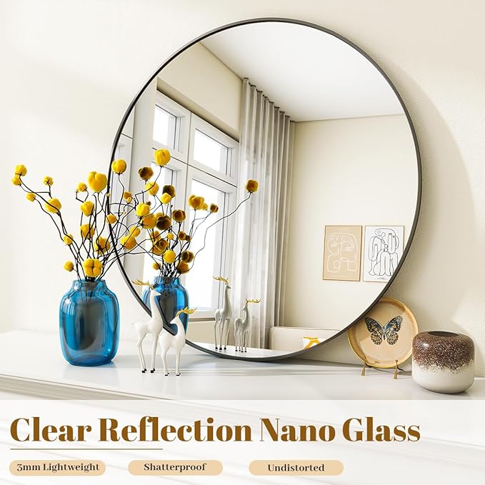 VooBang Black Round Mirror, Small 16" Circle Mirror, Round Wall Mirror with Simple Metal Frame, Modern Round Mirror Hanging for Bathroom, Bedroom, Entryway Wall Decoration, (16" Black)