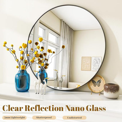 VooBang Black Round Mirror, Small 16" Circle Mirror, Round Wall Mirror with Simple Metal Frame, Modern Round Mirror Hanging for Bathroom, Bedroom, Entryway Wall Decoration, (16" Black)