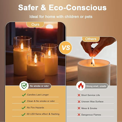 Gold Flameless LED Candles with Remote & Timer, 3-Piece Flickering Pillar Candle Set, Realistic Flame Effect, Adjustable Brightness, Battery Operated Candles for Home Decor, Wedding & Holiday