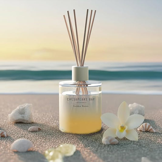 Chesapeake Bay, Reed Diffuser, 5.7oz, Golden Waves Scent, Mood Evoking, Sea Glass-Inspired Jar, Room Filling Fragrance Made with Essential Oils, Coastal Fragrance for Home Décor or Gifting