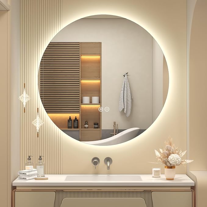SMIROR Round Led Lighted Bathroom Mirror for Wall 36", Backlit Circle Vanity Mirror with Lights, Anti-Fog, 3 Colors, Dimmable, Memory, Shatterproof