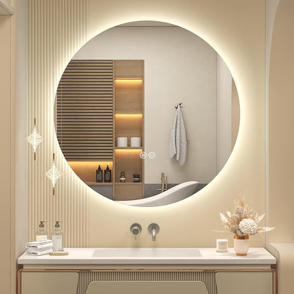 SMIROR Round Led Lighted Bathroom Mirror for Wall 36", Backlit Circle Vanity Mirror with Lights, Anti-Fog, 3 Colors, Dimmable, Memory, Shatterproof