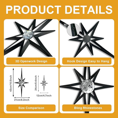 sxnzequnze 4 Pack Metal Star Wall Art 8 Pointed Starburst Wall Decor Set with 2 Large & 2 Small Pieces Mid Century Celestial Metal Wall Sculpture for Bedroom Living Room Office Gallery Wall