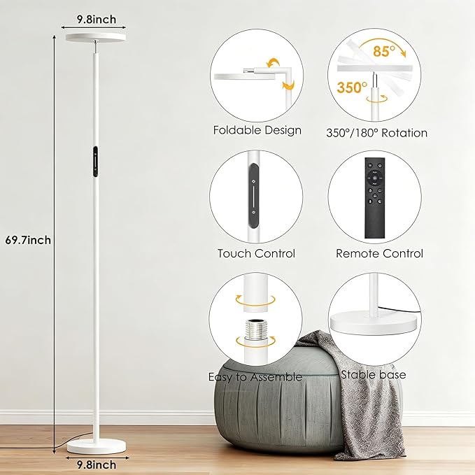 Floor Lamps for Living Room, 32W 3000LM Super Bright LED Torchiere Floor Lamp with Remote & Touch Control, 69" Standing Lamp with 350°Rotating Head, Modern Dimmable Floor Lamp for Bedroom Office