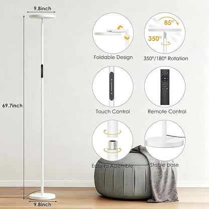 Floor Lamps for Living Room, 32W 3000LM Super Bright LED Torchiere Floor Lamp with Remote & Touch Control, 69" Standing Lamp with 350°Rotating Head, Modern Dimmable Floor Lamp for Bedroom Office