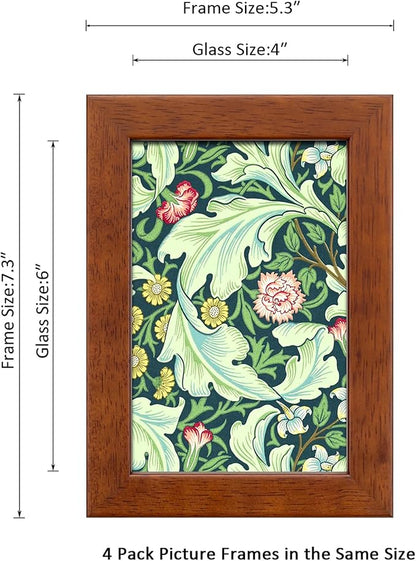 4x6 Picture Frame Set of 4 Made of Solid Wood Photo Frame with Real Glass for Pictures 4x6 Without Mat, Wall Mount or Tabletop Gallery Photo Frames, Brown
